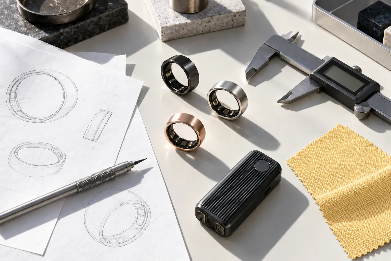 Ring prototypes, a caliper and sketches on a design workbench