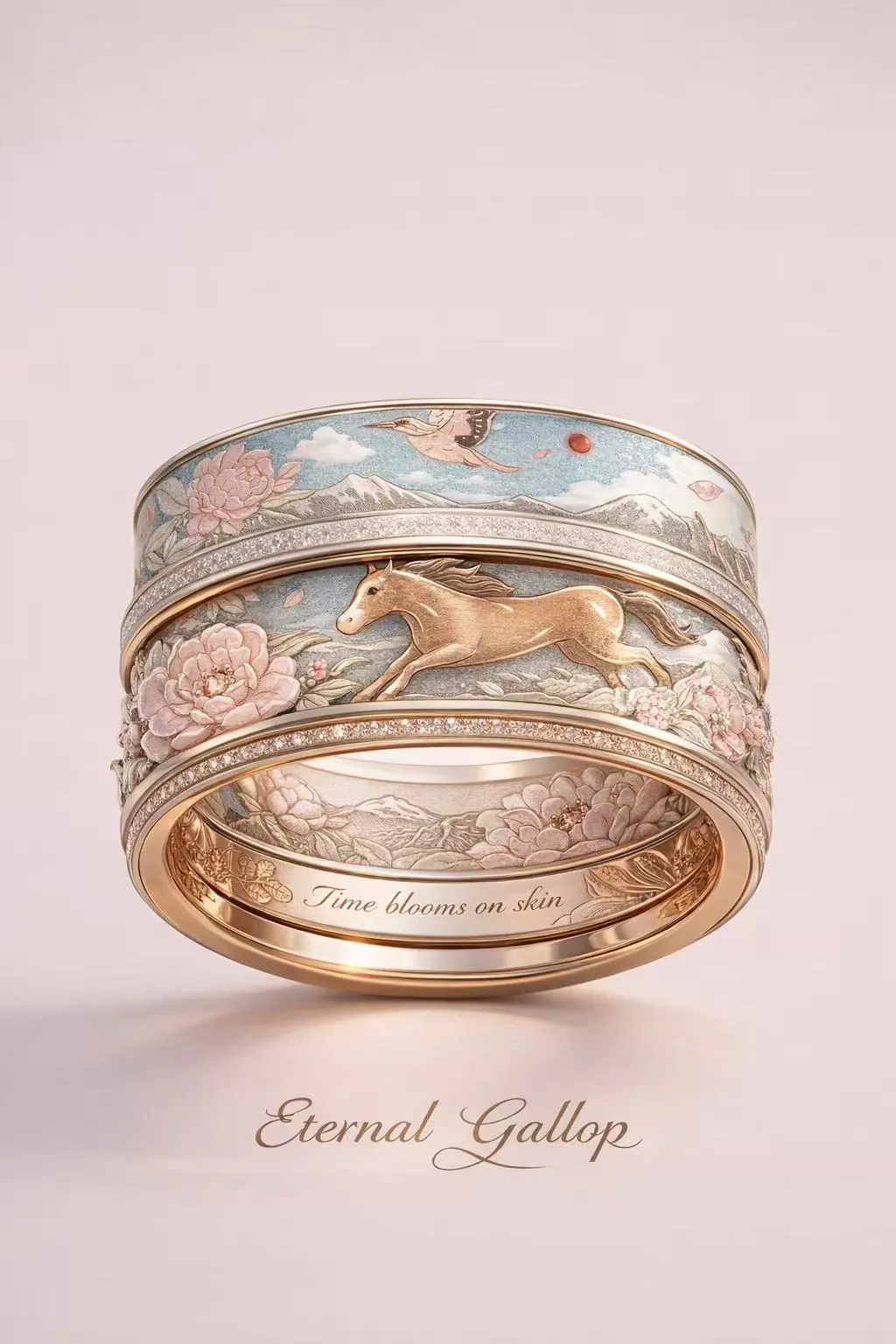 Two stacked rose gold rings painted in enamel with cranes, peonies and a galloping golden horse, engraved inside with Time blooms on skin