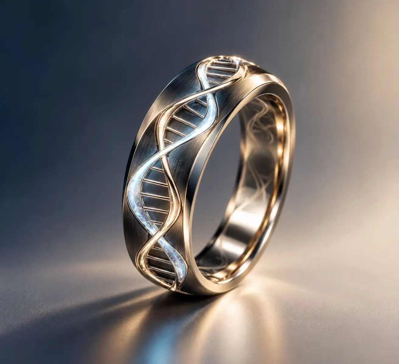 A dark band with a glowing double helix running between gold edges