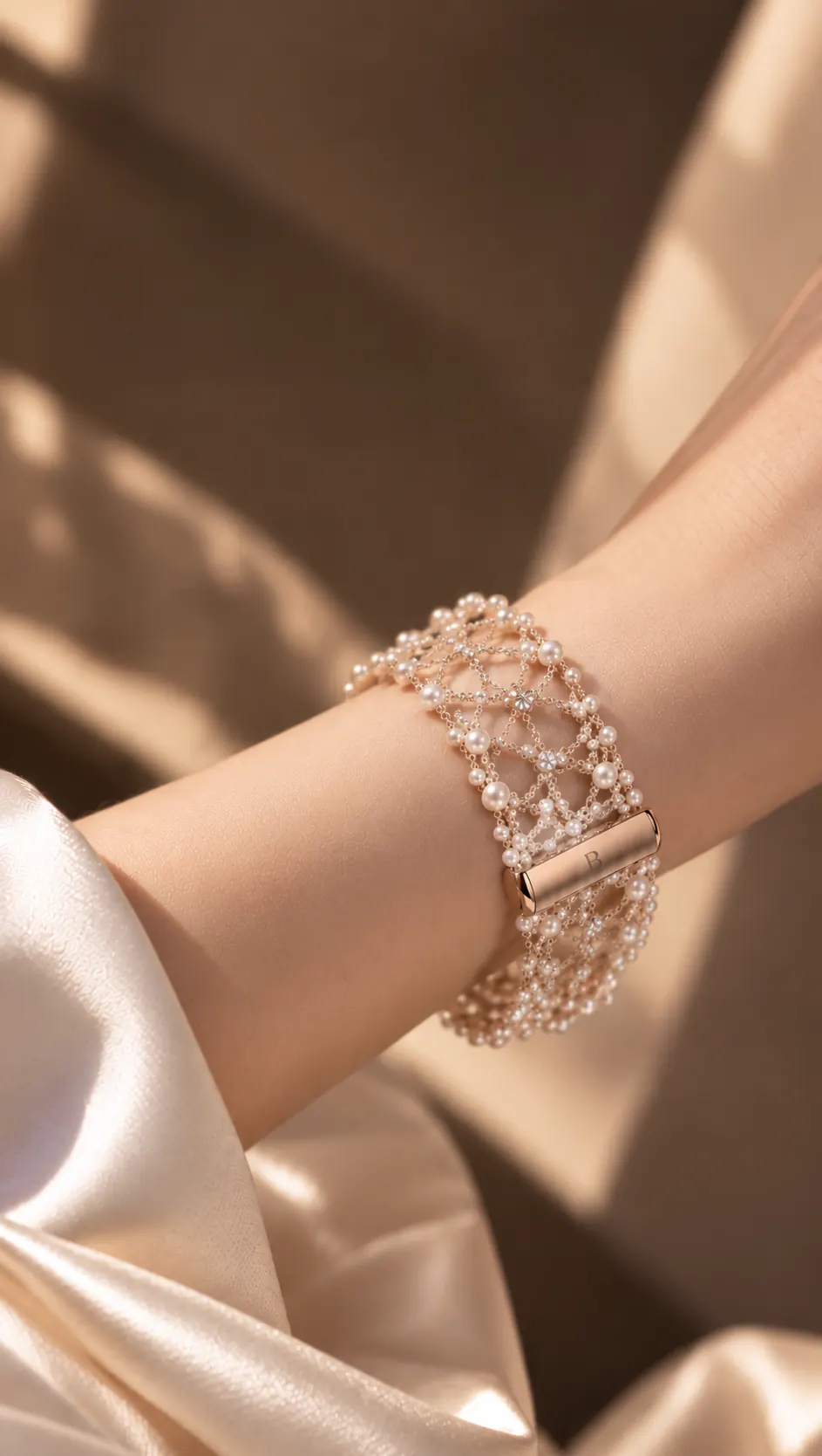 A wrist in warm window light wearing a lace smart band of pearls and crystal flowers with a rose-gold clasp