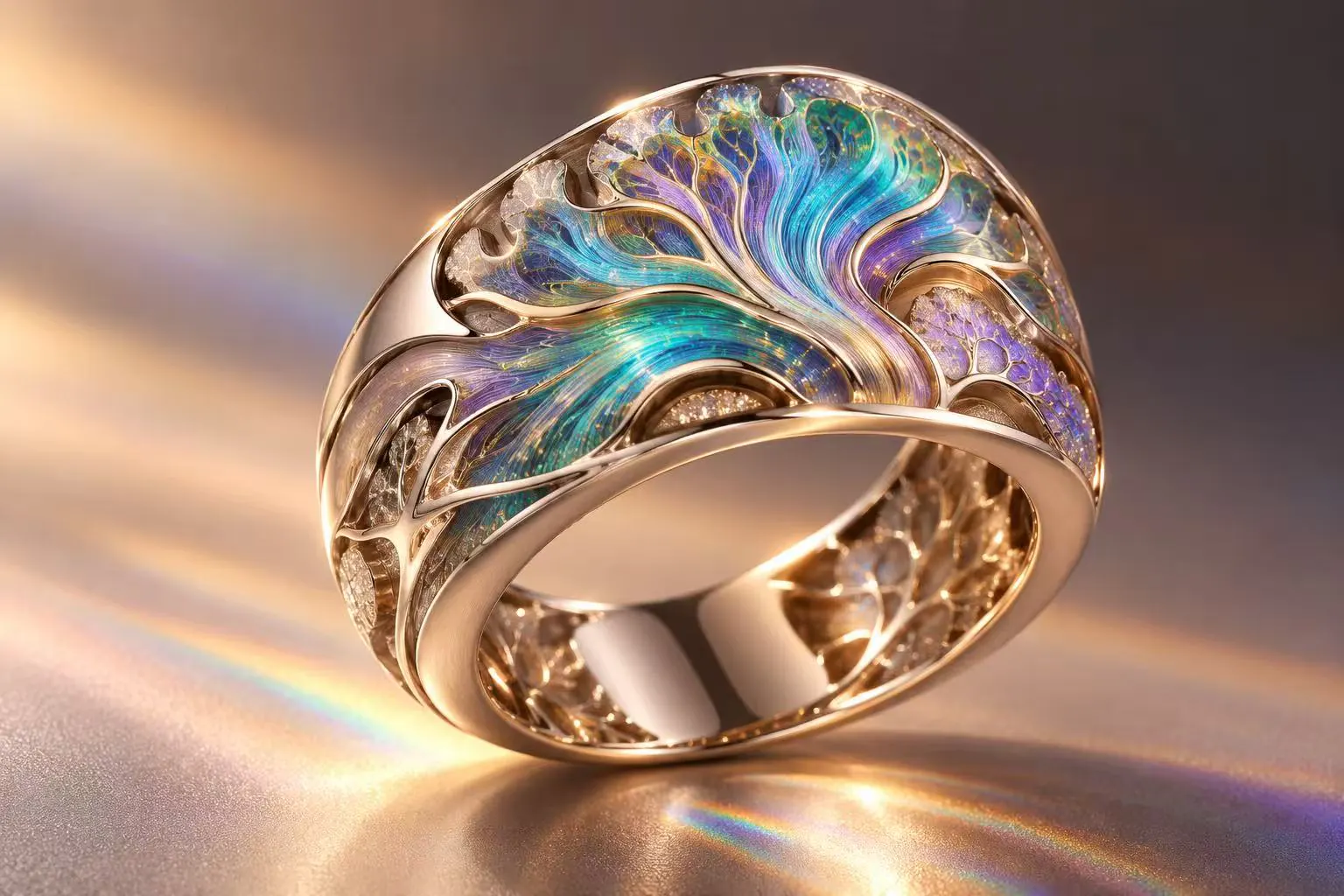 A rose gold ring whose openwork branches are filled with iridescent enamel