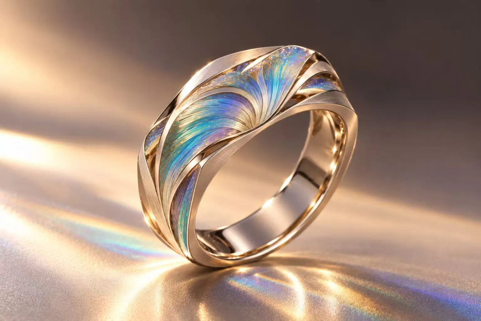 A slim gold ring swept with iridescent fibers of enamel