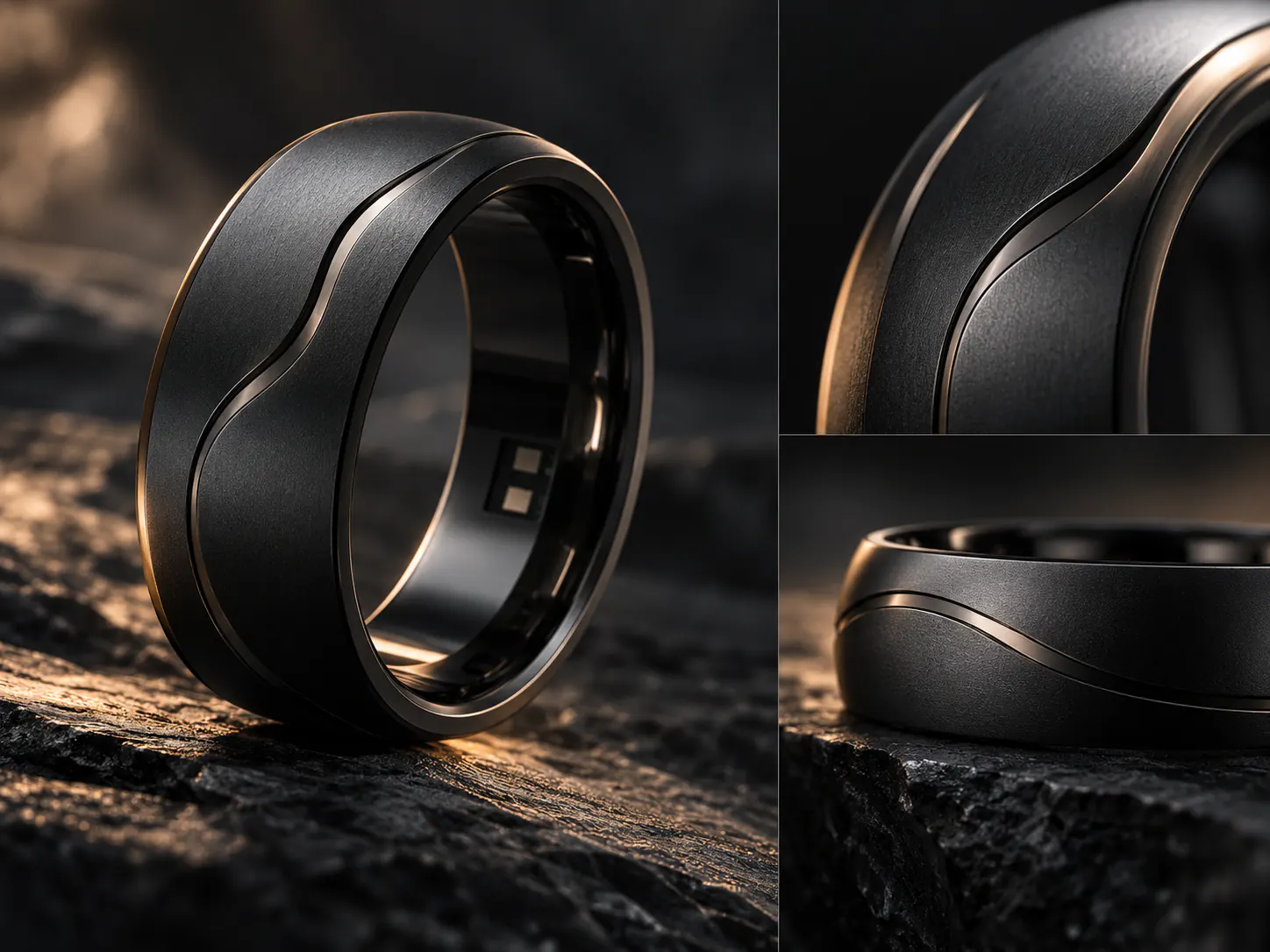 Three views of a matte black smart ring with one polished curve and sensor windows on the inner band