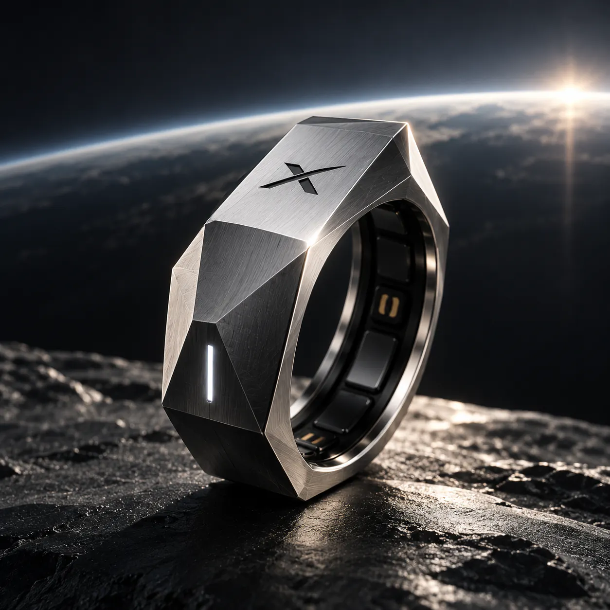Close view of the faceted titanium ring, its engraved mark and light strip