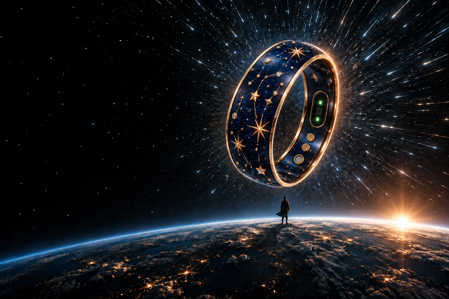 A lone figure stands on the curve of the Earth beneath a midnight-blue celestial ring with fine gold star-map details and discreet optical sensors and precision contacts embedded in its inner band.