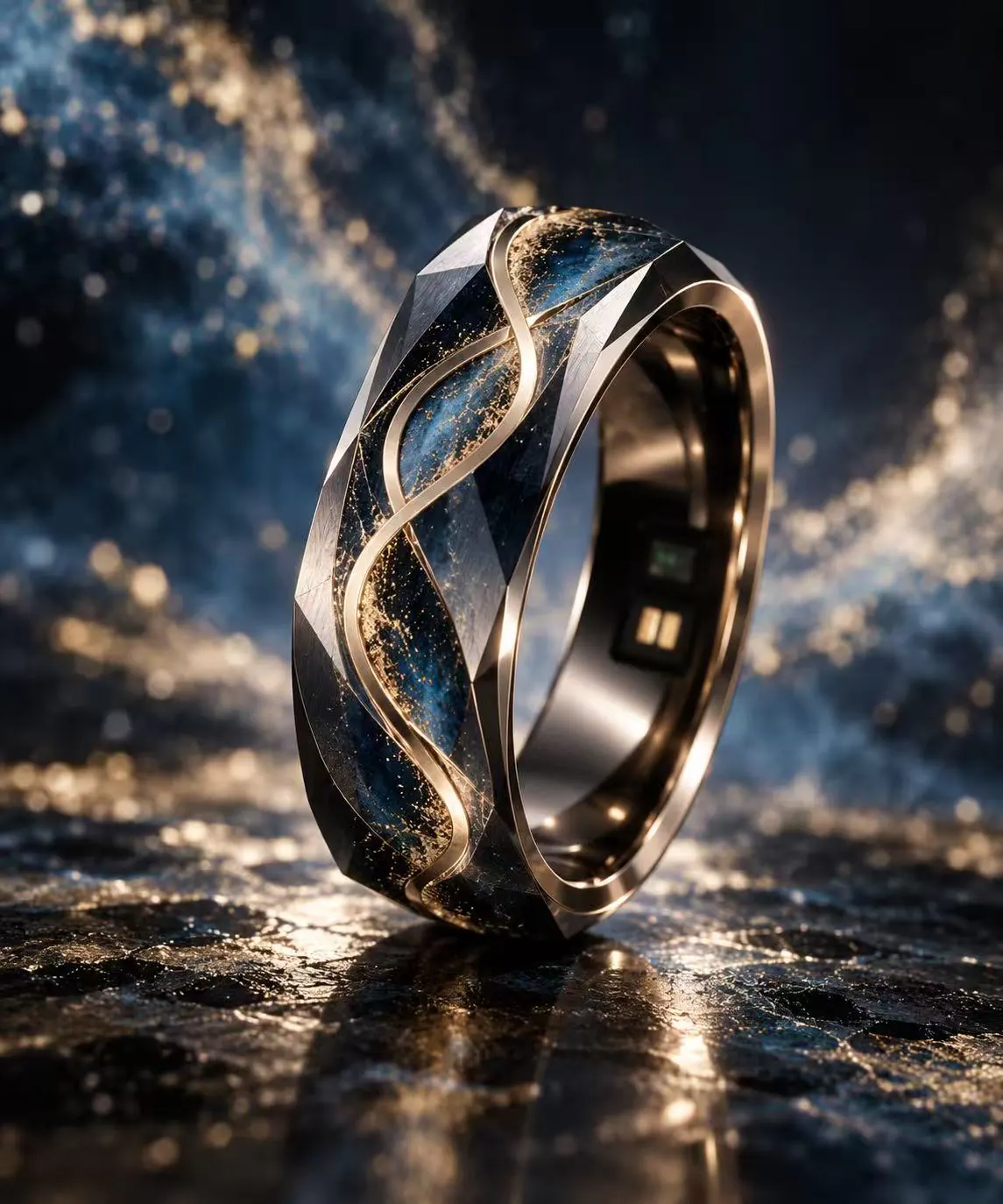 A dark faceted ring with a gold spiral, set against blue and gold stardust